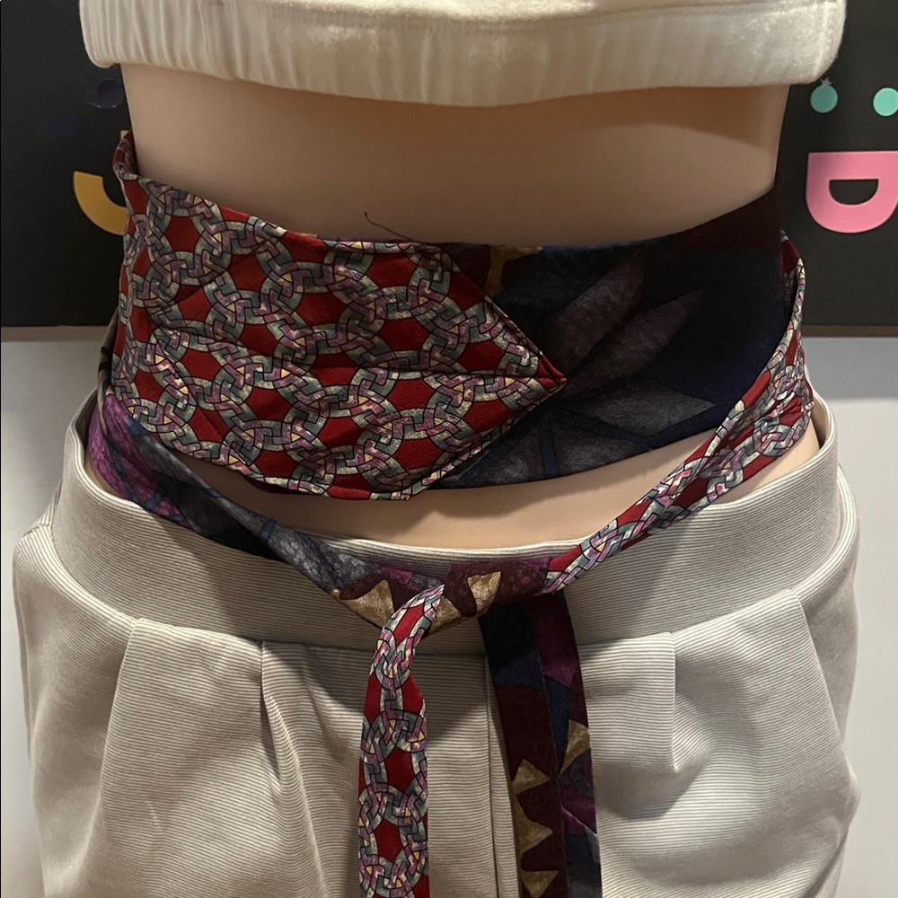 Elegant blue, burgundy and gray Patterned obi style Women's Belt.